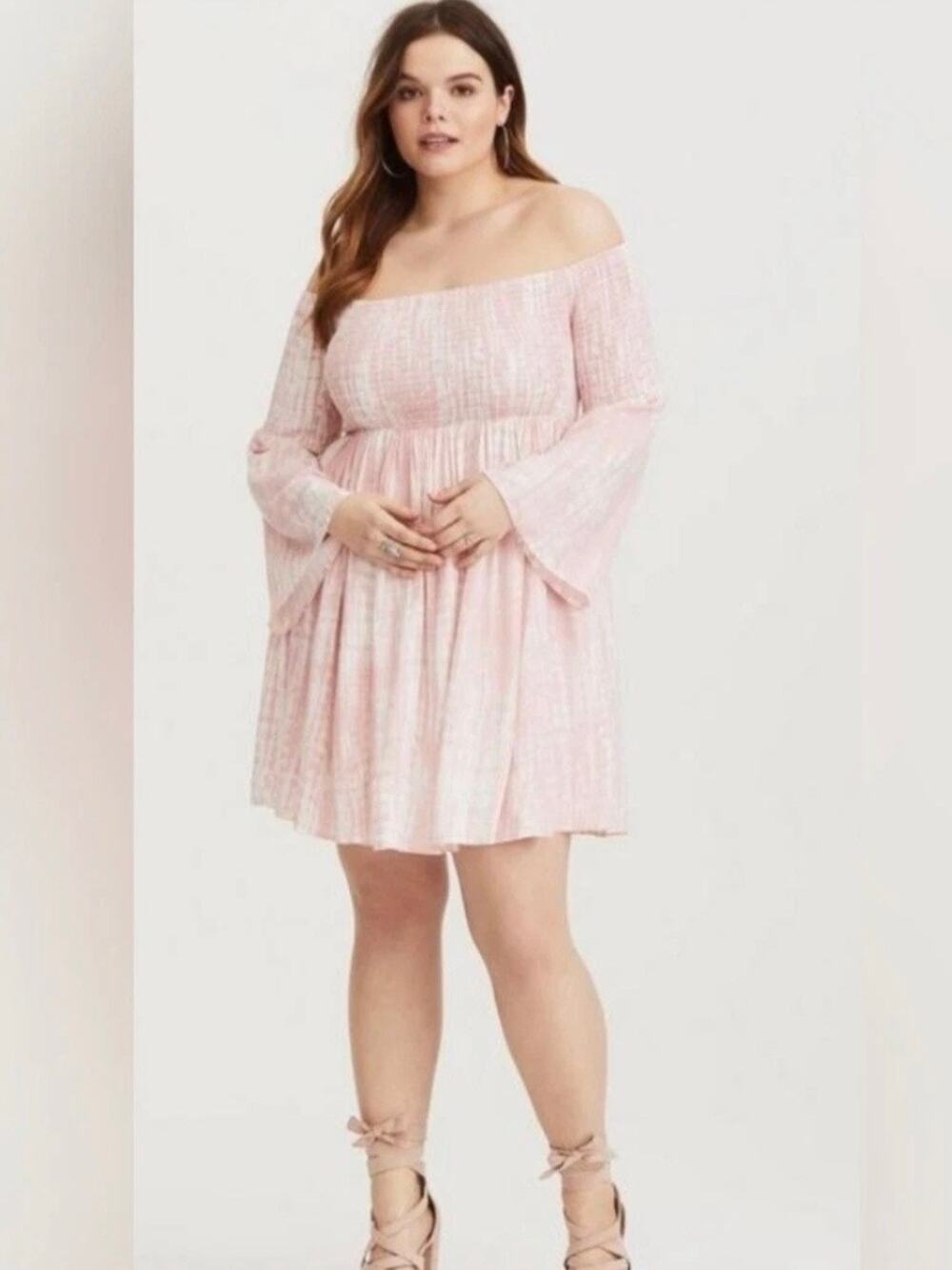 Torrid Pink&White Tie Dye Smocked Bodice Trumpet Sleeve Mini Dress Sz.2